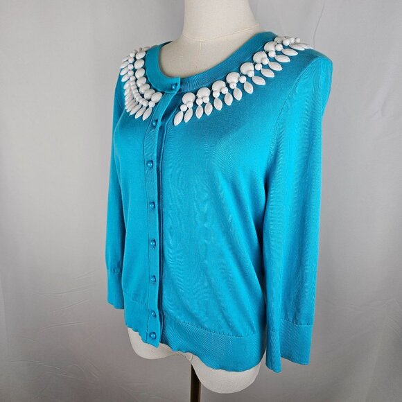 Kate Spade Katie Cardigan Sz Medium White Beading on Turquoise Preppy ASOTV Glee - Picture 4 of 11
